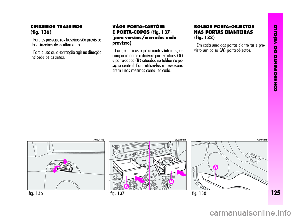 Alfa Romeo GT 2005  Manual de Uso e Manutenção (in Portuguese) CONHECIMENTO DO VEÍCULO
125
CINZEIROS TRASEIROS 
(fig. 136)
Para os passageiros traseiros são previstos
dois cinzeiros de ocultamento. 
Para o uso ou a extracção agir na direcção
indicada pelas 