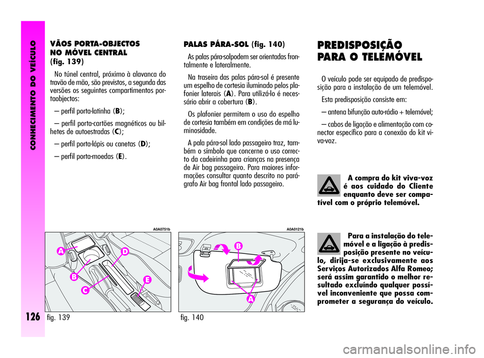 Alfa Romeo GT 2005  Manual de Uso e Manutenção (in Portuguese) CONHECIMENTO DO VEÍCULO
126
PREDISPOSIÇÃO
PARA O TELEMÓVEL 
O veículo pode ser equipado de predispo-
sição para a instalação de um telemóvel. 
Esta predisposição consiste em: 
– antena b