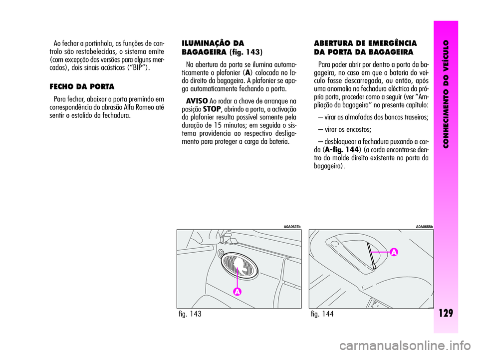 Alfa Romeo GT 2010  Manual de Uso e Manutenção (in Portuguese) CONHECIMENTO DO VEÍCULO
129fig. 143
A0A0637b
fig. 144
A0A0658b
Ao fechar a portinhola, as funções de con-
trolo são restabelecidas, o sistema emite
(com excepção das versões para alguns mer-
ca