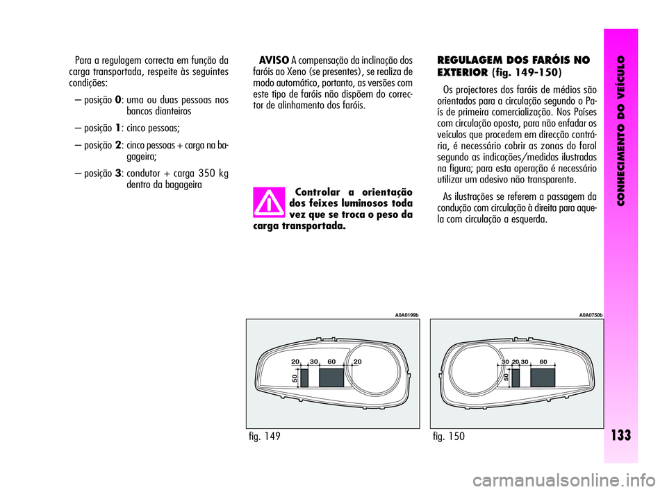Alfa Romeo GT 2010  Manual de Uso e Manutenção (in Portuguese) CONHECIMENTO DO VEÍCULO
133
Controlar a orientação
dos feixes luminosos toda
vez que se troca o peso da
carga transportada.  Para a regulagem correcta em função da
carga transportada, respeite à