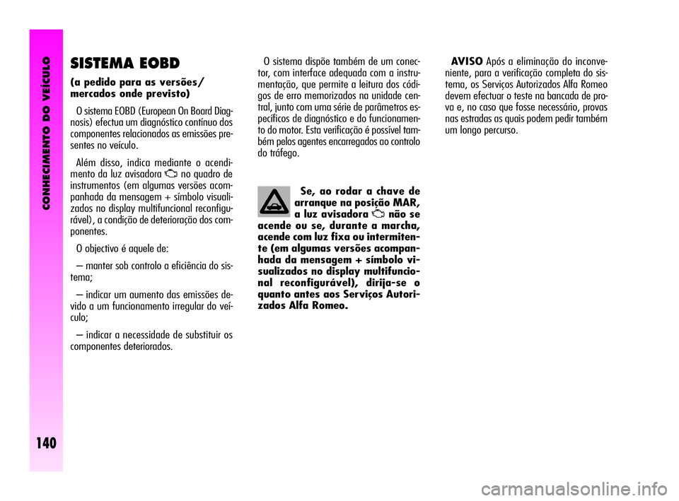 Alfa Romeo GT 2005 Manual de Uso e Manutenção (in Portuguese) CONHECIMENTO DO VEÍCULO
140
SISTEMA EOBD
(a pedido para as versões/
mercados onde previsto)
O sistema EOBD (European On Board Diag-
nosis) efectua um diagnóstico contínuo dos
componentes relacio Alfa Romeo GT 2005 Manual de Uso e Manutenção (in Portuguese) CONHECIMENTO DO VEÍCULO
140
SISTEMA EOBD
(a pedido para as versões/
mercados onde previsto)
O sistema EOBD (European On Board Diag-
nosis) efectua um diagnóstico contínuo dos
componentes relacio