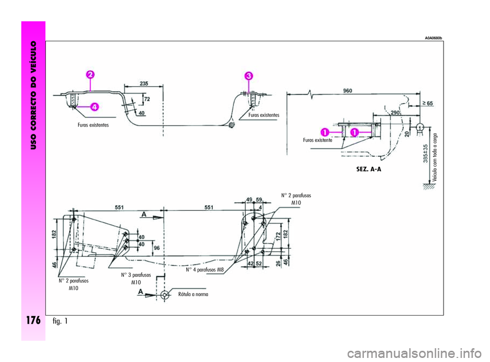 Alfa Romeo GT 2005 Manual de Uso e Manutenção (in Portuguese) USO CORRECTO DO VEÍCULO
176fig. 1
A0A0680b
Furos existentes
Furos existentes
N° 2 parafusos
M10N° 3 parafusos
M10N° 4 parafusos M8
Rótula a norma N° 2 parafusos
M10
SEZ. A-A
Furos existen Alfa Romeo GT 2005 Manual de Uso e Manutenção (in Portuguese) USO CORRECTO DO VEÍCULO
176fig. 1
A0A0680b
Furos existentes
Furos existentes
N° 2 parafusos
M10N° 3 parafusos
M10N° 4 parafusos M8
Rótula a norma N° 2 parafusos
M10
SEZ. A-A
Furos existen