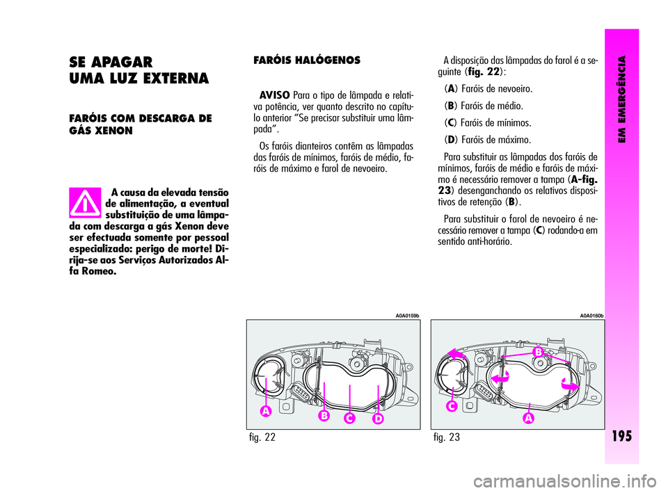 Alfa Romeo GT 2010  Manual de Uso e Manutenção (in Portuguese) EM EMERGÊNCIA
195
SE APAGAR 
UMA LUZ EXTERNA 
FARÓIS COM DESCARGA DE
GÁS XENON 
A causa da elevada tensão
de alimentação, a eventual
substituição de uma lâmpa-
da com descarga a gás Xenon de