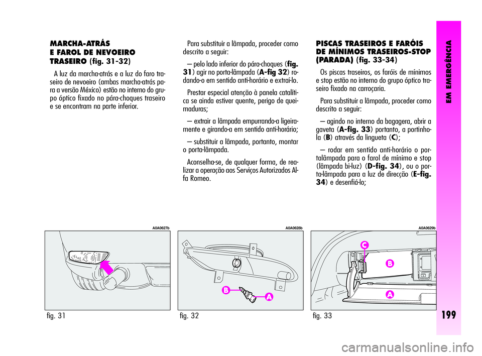 Alfa Romeo GT 2010  Manual de Uso e Manutenção (in Portuguese) EM EMERGÊNCIA
199
MARCHA-ATRÁS 
E FAROL DE NEVOEIRO
TRASEIRO
(fig. 31-32)
A luz da marcha-atrás e a luz do faro tra-
seiro de nevoeiro (ambas marcha-atrás pa-
ra a versão México) estão no inter