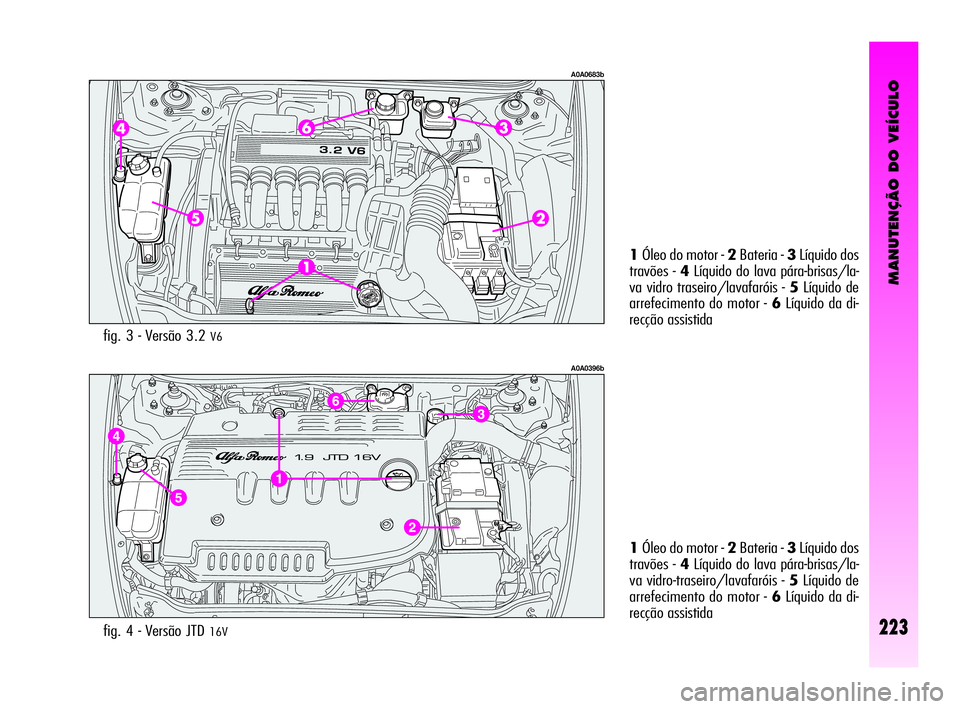 Alfa Romeo GT 2005 Manual de Uso e Manutenção (in Portuguese) MANUTENÇÃO DO VEÍCULO
223
A0A0396b
fig. 4 - Versão JTD 16V
1Óleo do motor - 2Bateria - 3Líquido dos
travões - 4Líquido do lava pára-brisas/la-
va vidro-traseiro/lavafaróis - 5Líquido de
arr Alfa Romeo GT 2005 Manual de Uso e Manutenção (in Portuguese) MANUTENÇÃO DO VEÍCULO
223
A0A0396b
fig. 4 - Versão JTD 16V
1Óleo do motor - 2Bateria - 3Líquido dos
travões - 4Líquido do lava pára-brisas/la-
va vidro-traseiro/lavafaróis - 5Líquido de
arr
