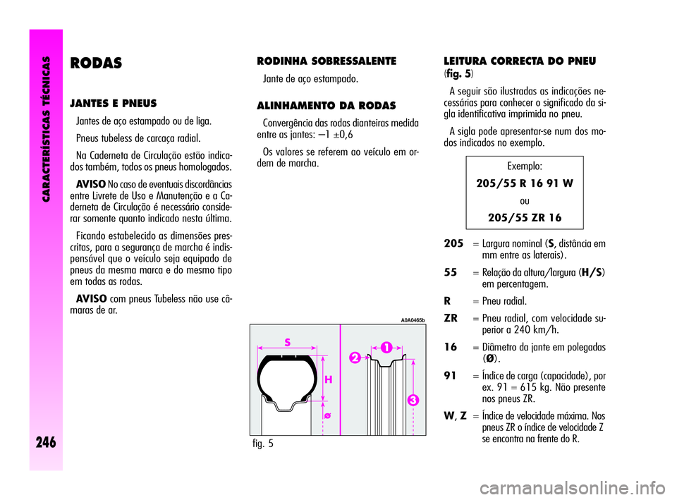 Alfa Romeo GT 2010  Manual de Uso e Manutenção (in Portuguese) RODAS
JANTES E PNEUS
Jantes de aço estampado ou de liga.
Pneus tubeless de carcaça radial.
Na Caderneta de Circulação estão indica-
dos também, todos os pneus homologados.
AVISONo caso de eventu