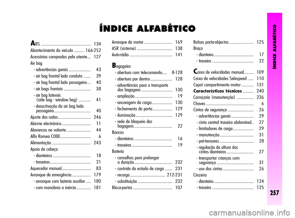 Alfa Romeo GT 2005 Manual de Uso e Manutenção (in Portuguese) ÍNDICE ALFABÉTICO
257
Í Í
N N
D D
I I
C C
E E
A A
L L
F F
A A
B B
É É
T T
I I
C C
O O
ABS ......................................... 134
Abastecimento do veículo ........ 166-252
Acessórios Alfa Romeo GT 2005 Manual de Uso e Manutenção (in Portuguese) ÍNDICE ALFABÉTICO
257
Í Í
N N
D D
I I
C C
E E
A A
L L
F F
A A
B B
É É
T T
I I
C C
O O
ABS ......................................... 134
Abastecimento do veículo ........ 166-252
Acessórios