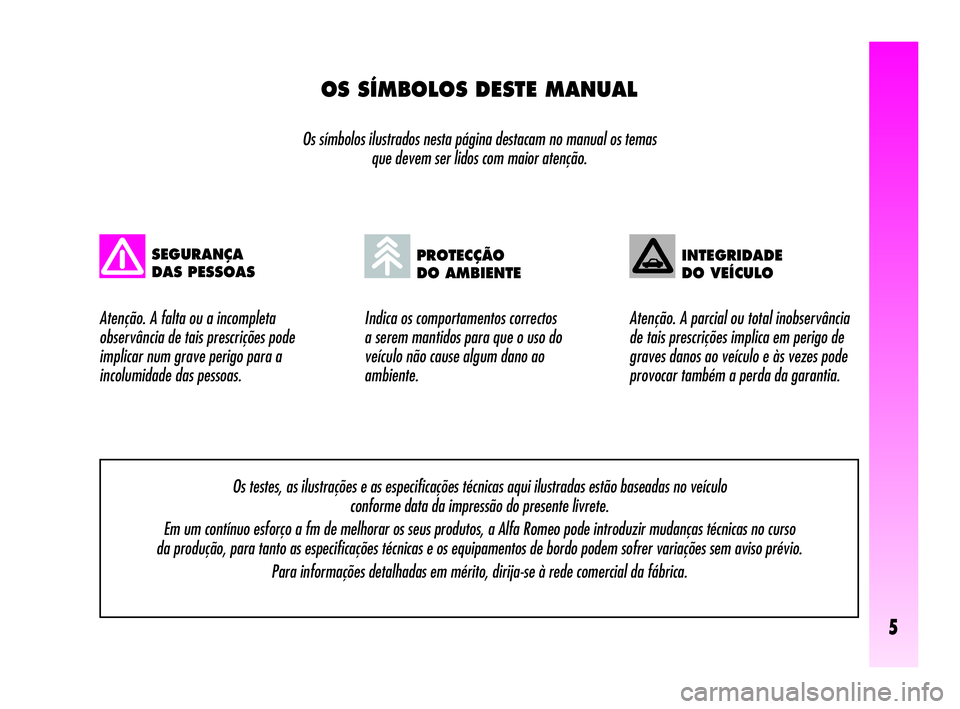 Alfa Romeo GT 2009  Manual de Uso e Manutenção (in Portuguese) 5
OS SÍMBOLOS DESTE MANUAL
Os símbolos ilustrados nesta página destacam no manual os temas 
que devem ser lidos com maior atenção.
Indica os comportamentos correctos 
a serem mantidos para que o 