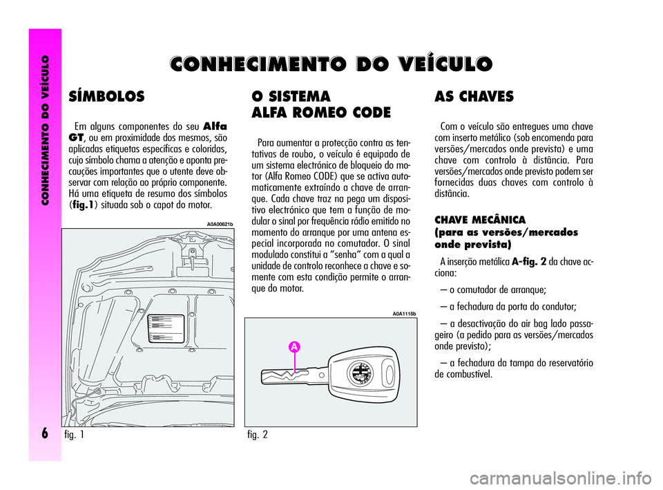 Alfa Romeo GT 2005 Manual de Uso e Manutenção (in Portuguese) CONHECIMENTO DO VEÍCULO
6
O SISTEMA
ALFA ROMEO CODE
Para aumentar a protecção contra as ten-
tativas de roubo, o veículo é equipado de
um sistema electrónico de bloqueio do mo-
tor (Alfa Romeo Alfa Romeo GT 2005 Manual de Uso e Manutenção (in Portuguese) CONHECIMENTO DO VEÍCULO
6
O SISTEMA
ALFA ROMEO CODE
Para aumentar a protecção contra as ten-
tativas de roubo, o veículo é equipado de
um sistema electrónico de bloqueio do mo-
tor (Alfa Romeo