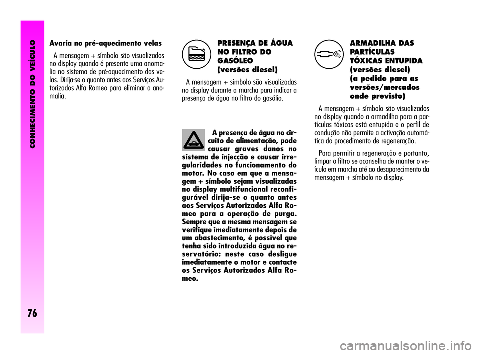Alfa Romeo GT 2010 Manual de Uso e Manutenção (in Portuguese) CONHECIMENTO DO VEÍCULO
76
PRESENÇA DE ÁGUA
NO FILTRO DO
GASÓLEO
(versões diesel)
A mensagem + símbolo são visualizadas
no display durante a marcha para indicar a
presença de água no filtro Alfa Romeo GT 2010 Manual de Uso e Manutenção (in Portuguese) CONHECIMENTO DO VEÍCULO
76
PRESENÇA DE ÁGUA
NO FILTRO DO
GASÓLEO
(versões diesel)
A mensagem + símbolo são visualizadas
no display durante a marcha para indicar a
presença de água no filtro