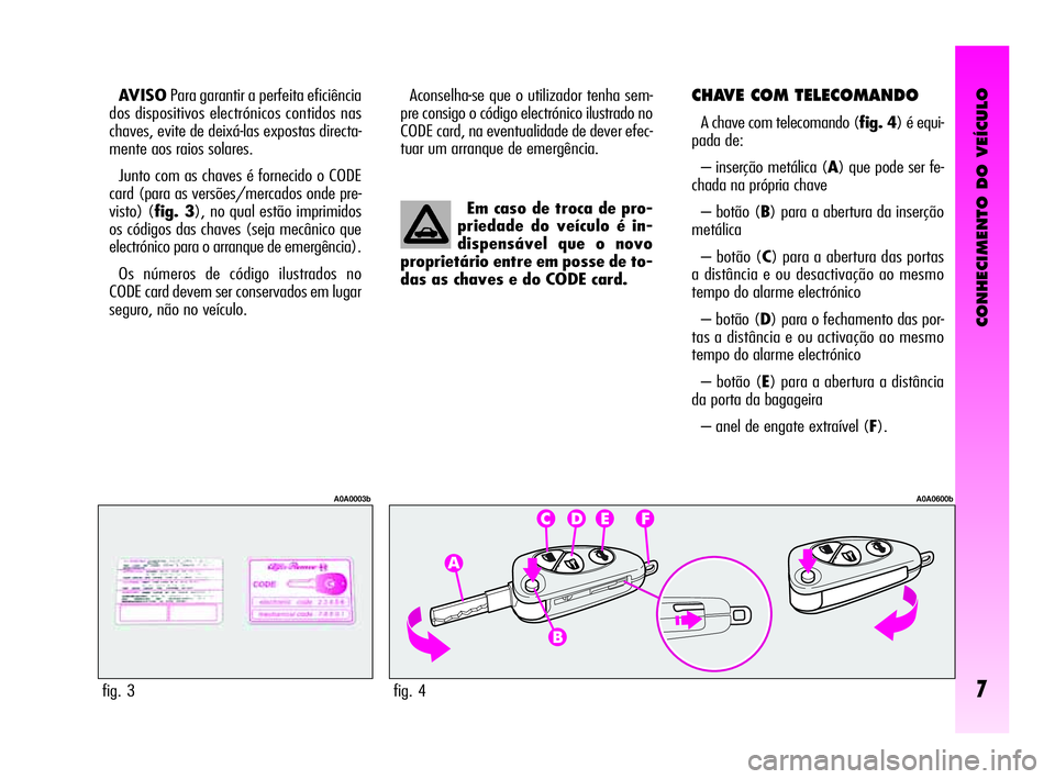 Alfa Romeo GT 2005 Manual de Uso e Manutenção (in Portuguese) CONHECIMENTO DO VEÍCULO
7
AVISOPara garantir a perfeita eficiência
dos dispositivos electrónicos contidos nas
chaves, evite de deixá-las expostas directa-
mente aos raios solares.
Junto com as cha Alfa Romeo GT 2005 Manual de Uso e Manutenção (in Portuguese) CONHECIMENTO DO VEÍCULO
7
AVISOPara garantir a perfeita eficiência
dos dispositivos electrónicos contidos nas
chaves, evite de deixá-las expostas directa-
mente aos raios solares.
Junto com as cha