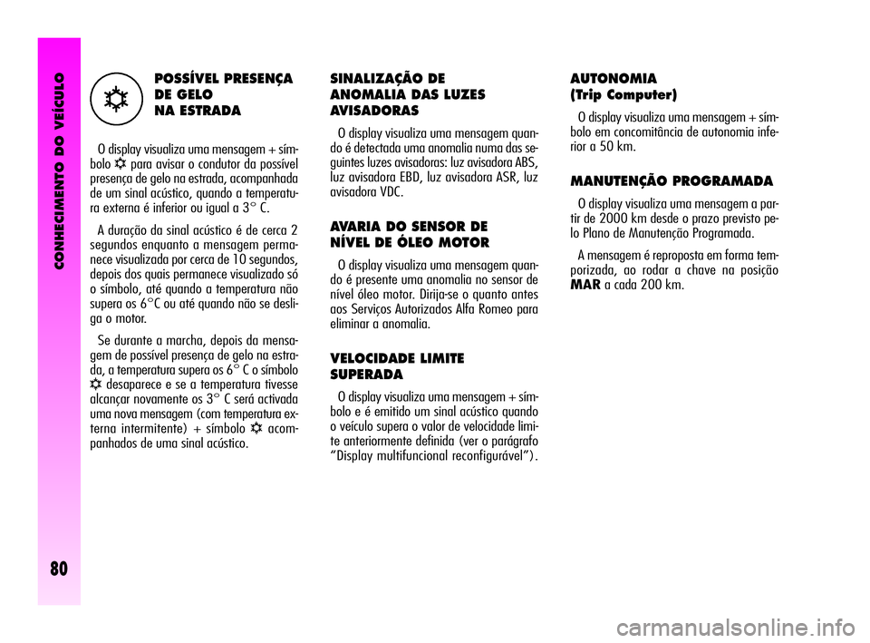 Alfa Romeo GT 2005  Manual de Uso e Manutenção (in Portuguese) CONHECIMENTO DO VEÍCULO
80
SINALIZAÇÃO DE 
ANOMALIA DAS LUZES
AVISADORAS 
O display visualiza uma mensagem quan-
do é detectada uma anomalia numa das se-
guintes luzes avisadoras: luz avisadora AB