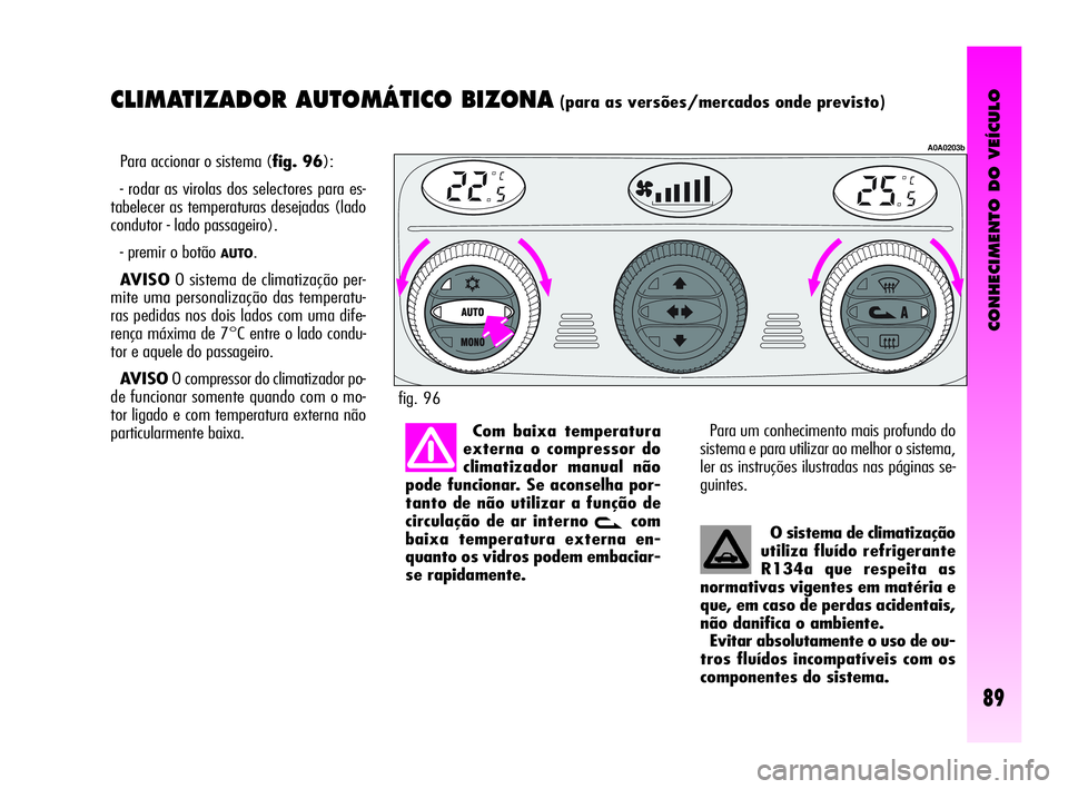 Alfa Romeo GT 2010  Manual de Uso e Manutenção (in Portuguese) CONHECIMENTO DO VEÍCULO
89
CLIMATIZADOR AUTOMÁTICO BIZONA(para as versões/mercados onde previsto)
Para accionar o sistema (fig. 96):
- rodar as virolas dos selectores para es-
tabelecer as temperat