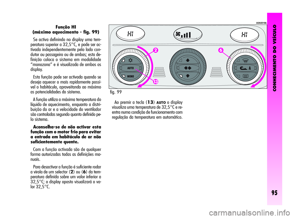 Alfa Romeo GT 2010  Manual de Uso e Manutenção (in Portuguese) CONHECIMENTO DO VEÍCULO
95
Função HI 
(máximo aquecimento - fig. 99) 
Se activa definindo no display uma tem-
peratura superior a 32,5°C, e pode ser ac-
tivada independentemente pelo lado con-
du