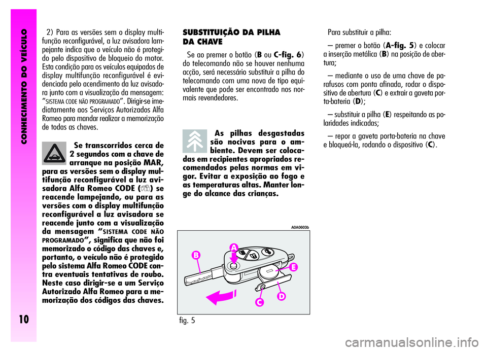 Alfa Romeo GT 2006  Manual de Uso e Manutenção (in Portuguese) CONHECIMENTO DO VEÍCULO
10
2) Para as versões sem o display multi-
função reconfigurável, a luz avisadora lam-
pejante indica que o veículo não é protegi-
do pelo dispositivo de bloqueio do mo