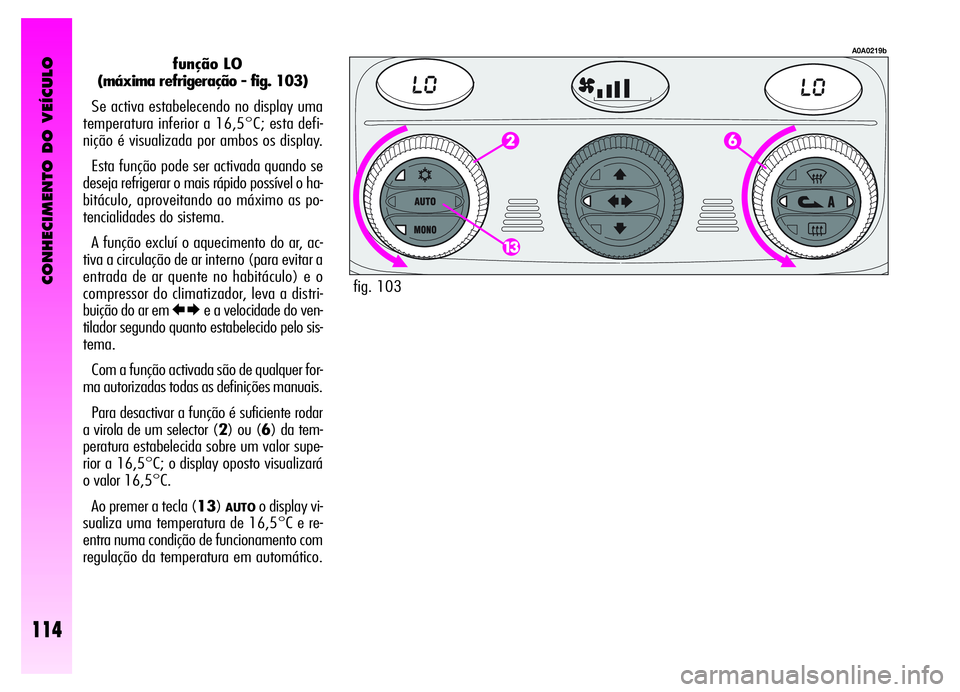 Alfa Romeo GT 2006  Manual de Uso e Manutenção (in Portuguese) CONHECIMENTO DO VEÍCULO
114
função LO
(máxima refrigeração - fig. 103)
Se activa estabelecendo no display uma
temperatura inferior a 16,5°C; esta defi-
nição é visualizada por ambos os displ