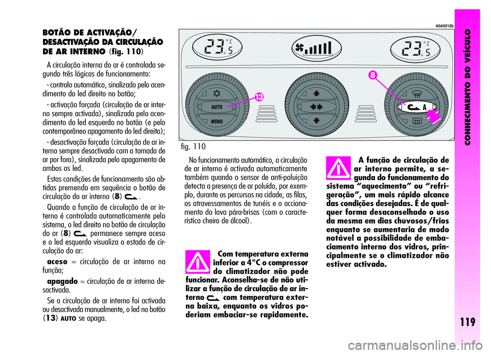 Alfa Romeo GT 2006  Manual de Uso e Manutenção (in Portuguese) CONHECIMENTO DO VEÍCULO
119
BOTÃO DE ACTIVAÇÃO/
DESACTIVAÇÃO DA CIRCULAÇÃO
DE AR INTERNO 
(fig. 110)
A circulação interna do ar é controlada se-
gundo três lógicas de funcionamento:
- con