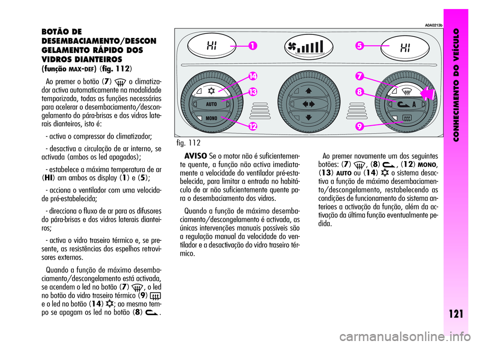 Alfa Romeo GT 2006  Manual de Uso e Manutenção (in Portuguese) CONHECIMENTO DO VEÍCULO
121
BOTÃO DE
DESEMBACIAMENTO/DESCON
GELAMENTO RÁPIDO DOS
VIDROS DIANTEIROS
(funçãoMAX-DEF)(fig. 112)
Ao premer o botão (7)
-o climatiza-
dor activa automaticamente na mod