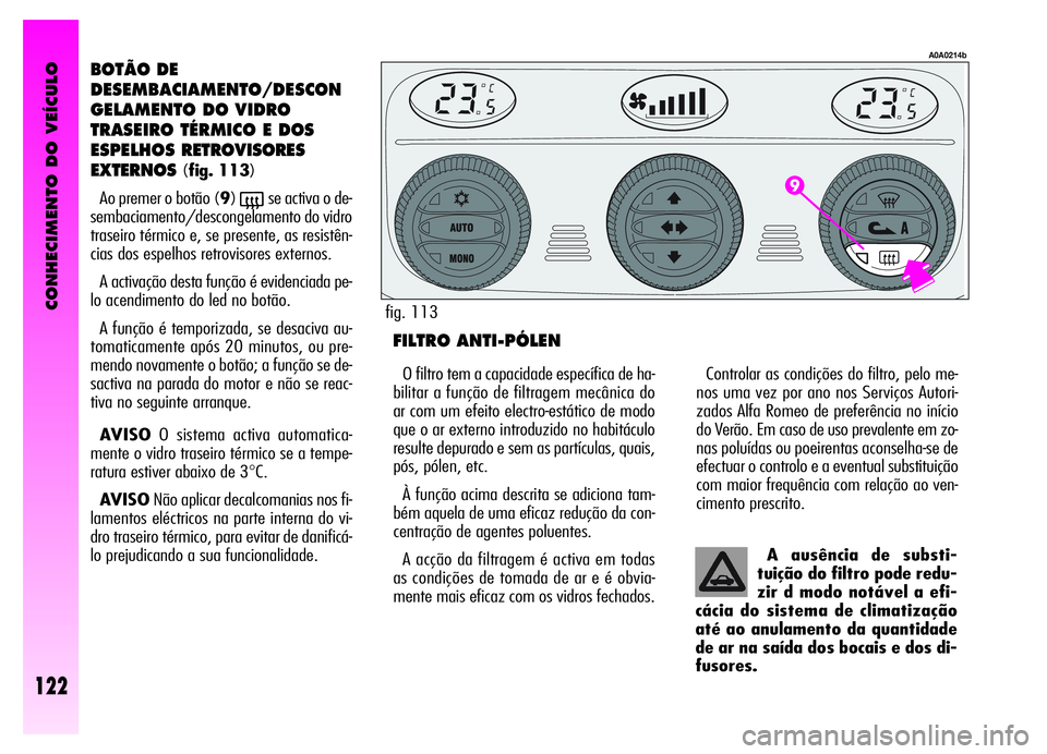 Alfa Romeo GT 2006  Manual de Uso e Manutenção (in Portuguese) CONHECIMENTO DO VEÍCULO
122
BOTÃO DE
DESEMBACIAMENTO/DESCON
GELAMENTO DO VIDRO
TRASEIRO TÉRMICO E DOS
ESPELHOSRETROVISORES
EXTERNOS
(fig. 113)
Ao premer o botão (9)
(se activa o de-
sembaciamento/