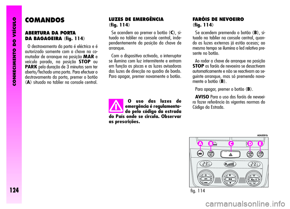 Alfa Romeo GT 2006  Manual de Uso e Manutenção (in Portuguese) CONHECIMENTO DO VEÍCULO
124
COMANDOS
ABERTURA DA PORTA 
DA BAGAGEIRA 
(fig. 114)
O destravamento da porta é eléctrico e é
autorizado somente com a chave no co-
mutador de arranque na posição MAR