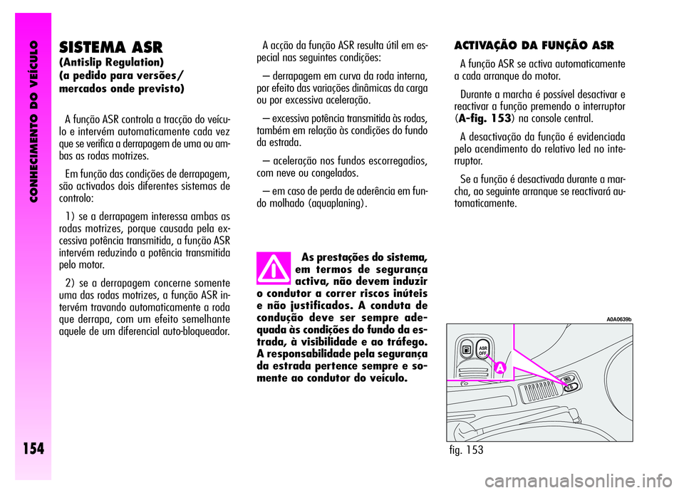 Alfa Romeo GT 2006  Manual de Uso e Manutenção (in Portuguese) CONHECIMENTO DO VEÍCULO
154
ACTIVAÇÃO DA FUNÇÃO ASR
A função ASR se activa automaticamente
a cada arranque do motor.
Durante a marcha é possível desactivar e
reactivar a função premendo o i