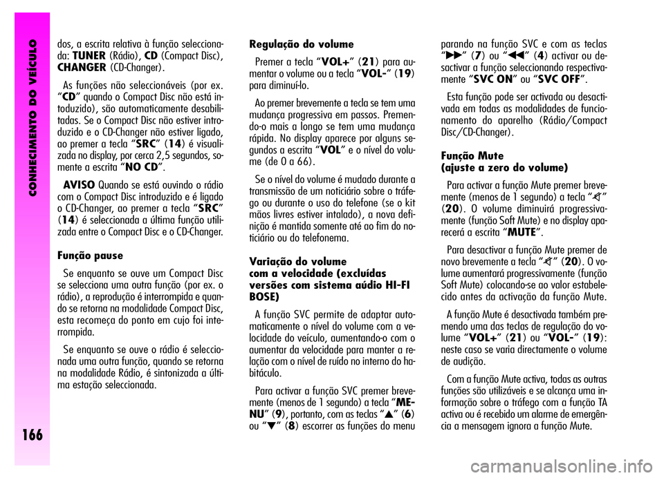 Alfa Romeo GT 2006  Manual de Uso e Manutenção (in Portuguese) CONHECIMENTO DO VEÍCULO
166
dos, a escrita relativa à função selecciona-
da:TUNER(Rádio),CD(Compact Disc),
CHANGER(CD-Changer).
As funções não seleccionáveis (por ex.
“CD” quando o Compac