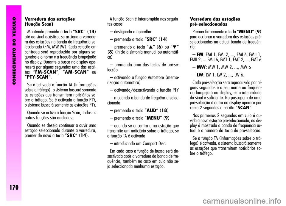 Alfa Romeo GT 2006  Manual de Uso e Manutenção (in Portuguese) CONHECIMENTO DO VEÍCULO
170
Varredura das estações 
(função Scan)
Mantendo premida a tecla “SRC” (14)
até ao sinal acústico, se acciona a varredu-
ra das estações na banda de frequência 