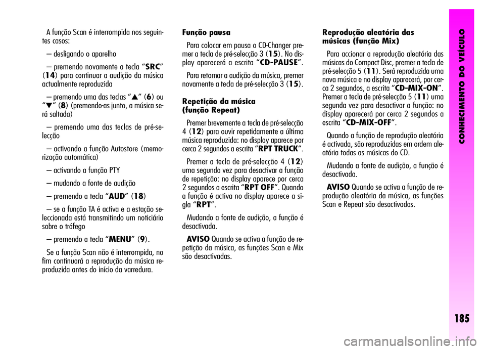 Alfa Romeo GT 2006 Manual de Uso e Manutenção (in Portuguese) CONHECIMENTO DO VEÍCULO
185
A função Scan é interrompida nos seguin-
tes casos:
– desligando o aparelho
– premendo novamente a tecla “SRC”
(14) para continuar a audição da música
actua Alfa Romeo GT 2006 Manual de Uso e Manutenção (in Portuguese) CONHECIMENTO DO VEÍCULO
185
A função Scan é interrompida nos seguin-
tes casos:
– desligando o aparelho
– premendo novamente a tecla “SRC”
(14) para continuar a audição da música
actua