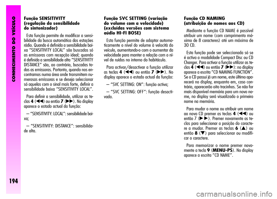 Alfa Romeo GT 2006 Manual de Uso e Manutenção (in Portuguese) CONHECIMENTO DO VEÍCULO
194
Função SENSITIVITY
(regulação da sensibilidade
do sintonizador)
Esta função permite de modificar a sensi-
bilidade da busca automática das estações
rádio. Quan Alfa Romeo GT 2006 Manual de Uso e Manutenção (in Portuguese) CONHECIMENTO DO VEÍCULO
194
Função SENSITIVITY
(regulação da sensibilidade
do sintonizador)
Esta função permite de modificar a sensi-
bilidade da busca automática das estações
rádio. Quan