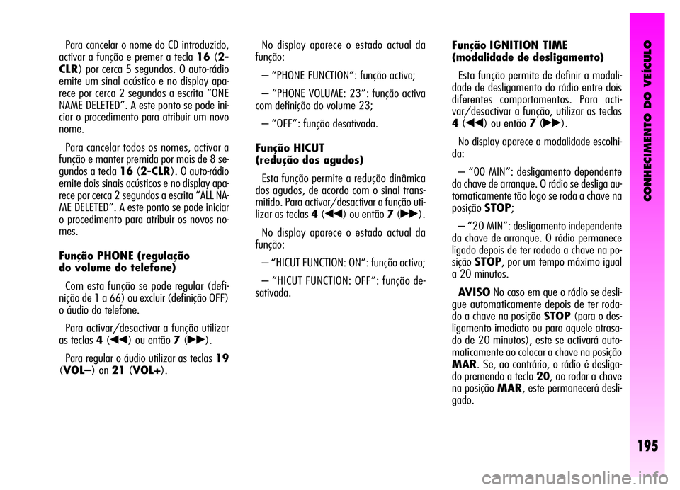 Alfa Romeo GT 2006 Manual de Uso e Manutenção (in Portuguese) CONHECIMENTO DO VEÍCULO
195
Para cancelar o nome do CD introduzido,
activar a função e premer a tecla 16(2-
CLR) por cerca 5 segundos. O auto-rádio
emite um sinal acústico e no display apa-
rece Alfa Romeo GT 2006 Manual de Uso e Manutenção (in Portuguese) CONHECIMENTO DO VEÍCULO
195
Para cancelar o nome do CD introduzido,
activar a função e premer a tecla 16(2-
CLR) por cerca 5 segundos. O auto-rádio
emite um sinal acústico e no display apa-
rece