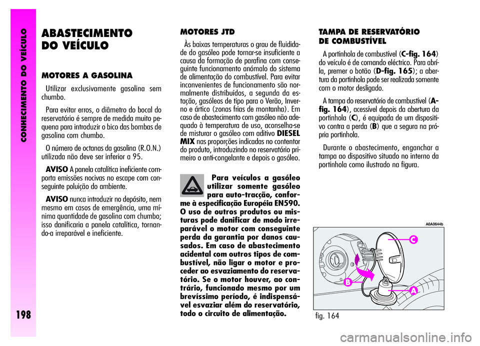 Alfa Romeo GT 2006 Manual de Uso e Manutenção (in Portuguese) CONHECIMENTO DO VEÍCULO
198
TAMPA DE RESERVATÓRIO
DE COMBUSTÍVEL
A portinhola de combustível (C-fig. 164)
do veículo é de comando eléctrico. Para abrí-
la, premer o botão (D-fig. 165); a abe Alfa Romeo GT 2006 Manual de Uso e Manutenção (in Portuguese) CONHECIMENTO DO VEÍCULO
198
TAMPA DE RESERVATÓRIO
DE COMBUSTÍVEL
A portinhola de combustível (C-fig. 164)
do veículo é de comando eléctrico. Para abrí-
la, premer o botão (D-fig. 165); a abe