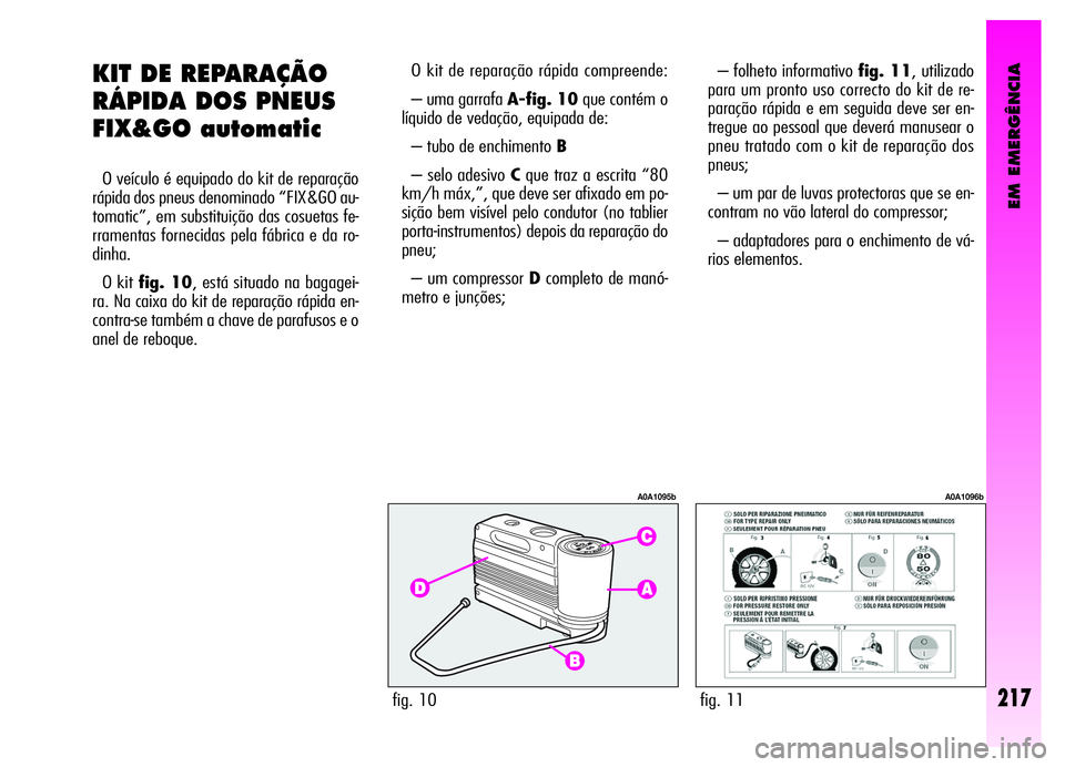 Alfa Romeo GT 2006 Manual de Uso e Manutenção (in Portuguese) EM EMERGÊNCIA
KIT DE REPARAÇÃO
RÁPIDA DOS PNEUS
FIX&GO automatic
O veículo é equipado do kit de reparação
rápida dos pneus denominado “FIX&GO au-
tomatic”, em substituição das cosuetas Alfa Romeo GT 2006 Manual de Uso e Manutenção (in Portuguese) EM EMERGÊNCIA
KIT DE REPARAÇÃO
RÁPIDA DOS PNEUS
FIX&GO automatic
O veículo é equipado do kit de reparação
rápida dos pneus denominado “FIX&GO au-
tomatic”, em substituição das cosuetas