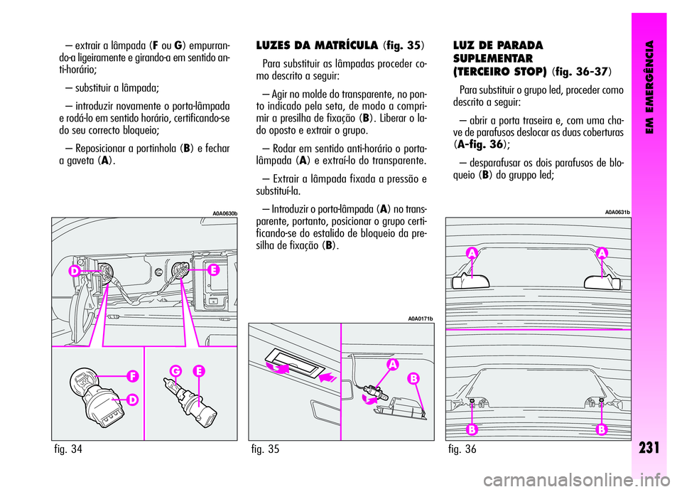 Alfa Romeo GT 2006  Manual de Uso e Manutenção (in Portuguese) EM EMERGÊNCIA
LUZES DA MATRÍCULA (fig. 35)
Para substituir as lâmpadas proceder co-
mo descrito a seguir:
– Agir no molde do transparente, no pon-
to indicado pela seta, de modo a compri-
mir a p