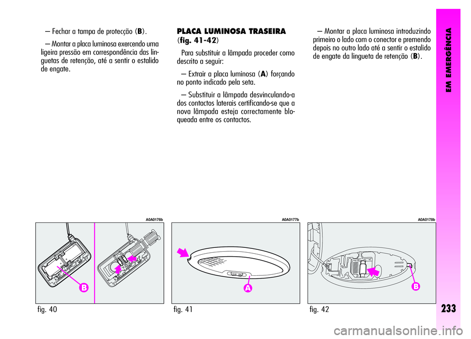 Alfa Romeo GT 2006  Manual de Uso e Manutenção (in Portuguese) EM EMERGÊNCIA
PLACA LUMINOSA TRASEIRA 
(fig. 41-42)
Para substituir a lâmpada proceder como
descrito a seguir:
– Extrair a placa luminosa (A) forçando
no ponto indicado pela seta.
– Substituir 