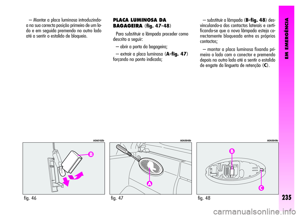 Alfa Romeo GT 2006  Manual de Uso e Manutenção (in Portuguese) EM EMERGÊNCIA
PLACA LUMINOSA DA
BAGAGEIRA
(fig. 47-48)
Para substituir a lâmpada proceder como
descrito a seguir:
– abrir a porta da bagageira;
– extrair a placa luminosa (A-fig. 47)
forçando n