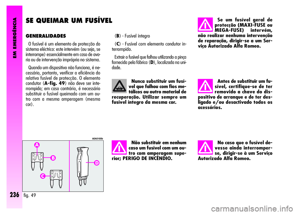 Alfa Romeo GT 2006  Manual de Uso e Manutenção (in Portuguese) EM EMERGÊNCIA
236
SE QUEIMAR UM FUSÍVEL
GENERALIDADES
O fusível é um elemento de protecção do
sistema eléctrico: este intervém (ou seja, se
interrompe) essencialmente em caso de ava-
ria ou de