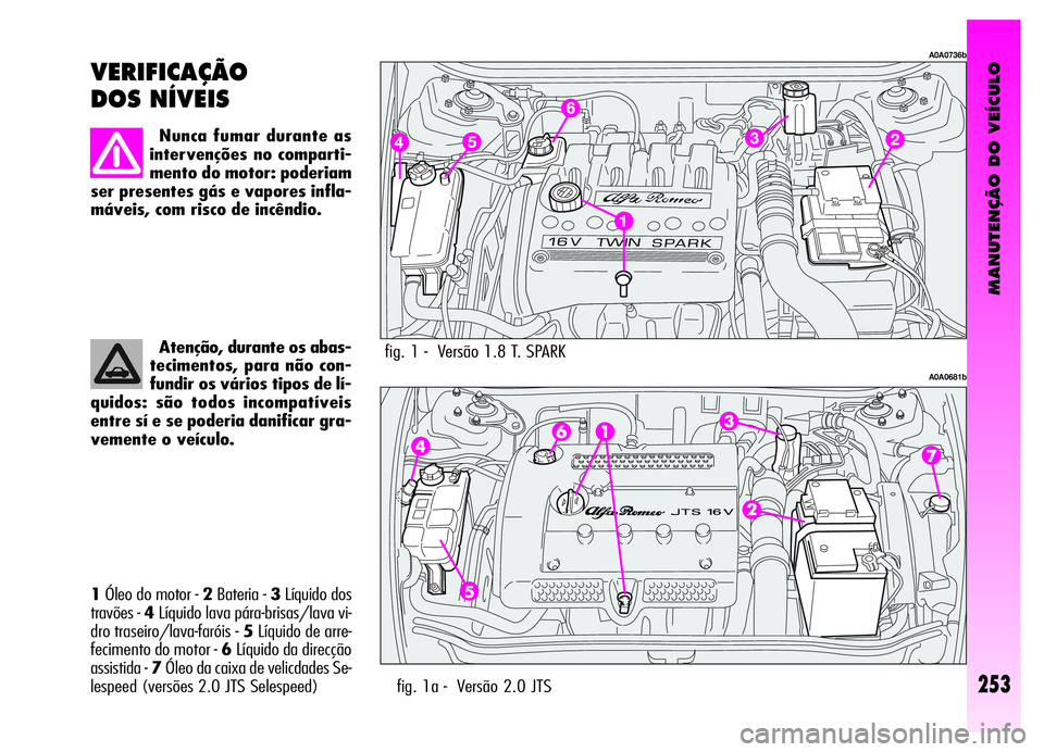 Alfa Romeo GT 2006 Manual de Uso e Manutenção (in Portuguese) MANUTENÇÃO DO VEÍCULO
253
1Óleo do motor - 2Bateria - 3Líquido dos
travões -4Líquido lava pára-brisas/lava vi-
dro traseiro/lava-faróis - 5Líquido de arre-
fecimento do motor - 6Líquido da Alfa Romeo GT 2006 Manual de Uso e Manutenção (in Portuguese) MANUTENÇÃO DO VEÍCULO
253
1Óleo do motor - 2Bateria - 3Líquido dos
travões -4Líquido lava pára-brisas/lava vi-
dro traseiro/lava-faróis - 5Líquido de arre-
fecimento do motor - 6Líquido da