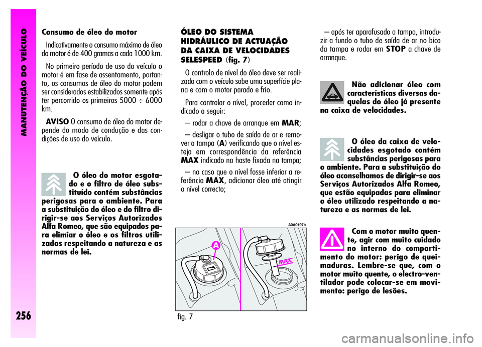 Alfa Romeo GT 2006 Manual de Uso e Manutenção (in Portuguese) MANUTENÇÃO DO VEÍCULO
256
O óleo do motor esgota-
do e o filtro de óleo subs-
tituído contém substâncias
perigosas para o ambiente. Para
a substituição do óleo e do filtro di-
rigir-se aos Alfa Romeo GT 2006 Manual de Uso e Manutenção (in Portuguese) MANUTENÇÃO DO VEÍCULO
256
O óleo do motor esgota-
do e o filtro de óleo subs-
tituído contém substâncias
perigosas para o ambiente. Para
a substituição do óleo e do filtro di-
rigir-se aos
