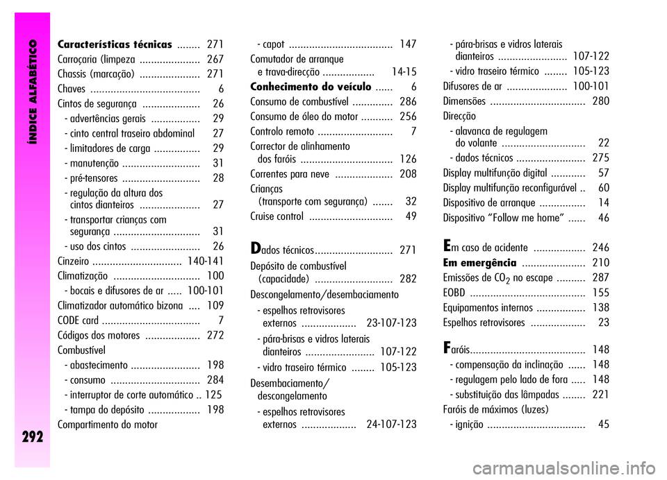 Alfa Romeo GT 2006  Manual de Uso e Manutenção (in Portuguese) ÍNDICE ALFABÉTICO
292
Características técnicas........ 271
Carroçaria (limpeza  ..................... 267
Chassis (marcação)  ..................... 271
Chaves ..................................