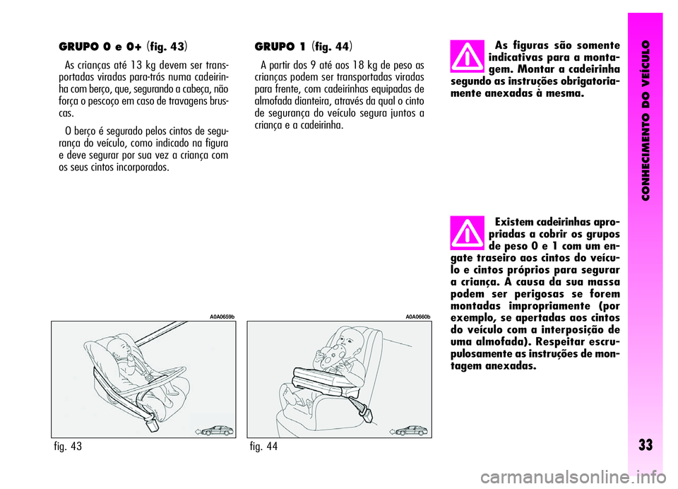 Alfa Romeo GT 2006  Manual de Uso e Manutenção (in Portuguese) CONHECIMENTO DO VEÍCULO
33
GRUPO 0 e 0+ (fig. 43)
As crianças até 13 kg devem ser trans-
portadas viradas para-trás numa cadeirin-
ha com berço, que, segurando a cabeça, não
força o pescoço e