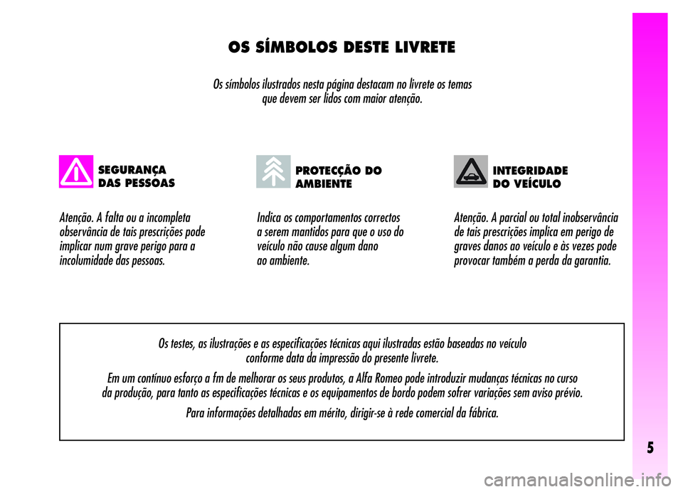 Alfa Romeo GT 2006  Manual de Uso e Manutenção (in Portuguese) 5
OS SÍMBOLOS DESTE LIVRETE
Os símbolos ilustrados nesta página destacam no livrete os temas 
que devem ser lidos com maior atenção.
Indica os comportamentos correctos 
a serem mantidos para que 