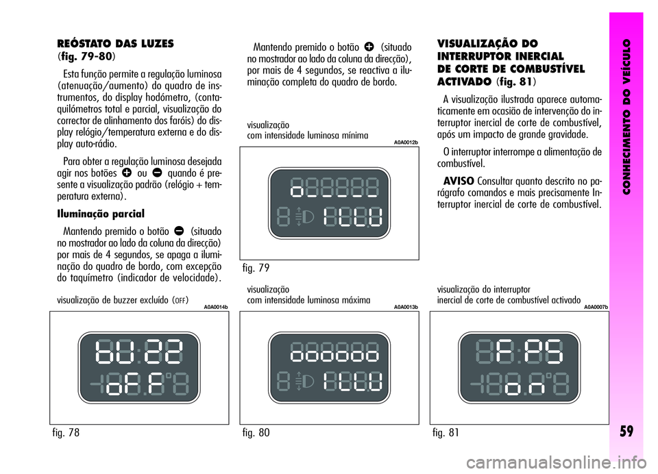 Alfa Romeo GT 2006 Manual de Uso e Manutenção (in Portuguese) CONHECIMENTO DO VEÍCULO
59
fig. 79
A0A0012b
fig. 80
A0A0013b
fig. 81
A0A0007b
Mantendo premido o botãoâ(situado
no mostrador ao lado da coluna da direcção),
por mais de 4 segundos, se reactiva a Alfa Romeo GT 2006 Manual de Uso e Manutenção (in Portuguese) CONHECIMENTO DO VEÍCULO
59
fig. 79
A0A0012b
fig. 80
A0A0013b
fig. 81
A0A0007b
Mantendo premido o botãoâ(situado
no mostrador ao lado da coluna da direcção),
por mais de 4 segundos, se reactiva a