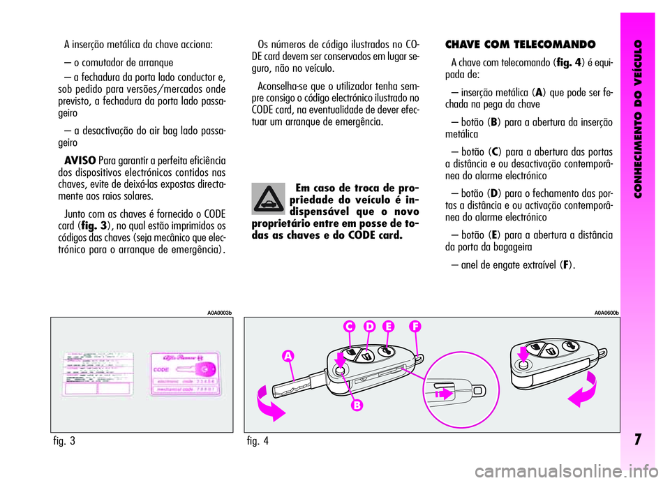 Alfa Romeo GT 2006 Manual de Uso e Manutenção (in Portuguese) CONHECIMENTO DO VEÍCULO
7
A inserção metálica da chave acciona:
– o comutador de arranque
– a fechadura da porta lado conductor e,
sob pedido para versões/mercados onde
previsto, a fechadura Alfa Romeo GT 2006 Manual de Uso e Manutenção (in Portuguese) CONHECIMENTO DO VEÍCULO
7
A inserção metálica da chave acciona:
– o comutador de arranque
– a fechadura da porta lado conductor e,
sob pedido para versões/mercados onde
previsto, a fechadura