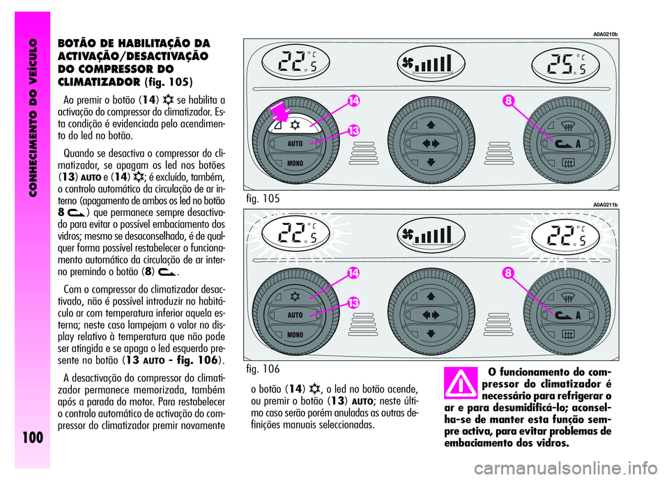 Alfa Romeo GT 2008  Manual de Uso e Manutenção (in Portuguese) CONHECIMENTO DO VEÍCULO
100
o botão (14)√, o led no botão acende,
ou premir o botão (13)
AUTO; neste últi-
mo caso serão porém anuladas as outras de-
finições manuais seleccionadas. 
BOTÃO