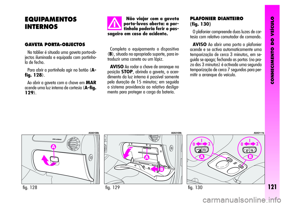 Alfa Romeo GT 2008  Manual de Uso e Manutenção (in Portuguese) CONHECIMENTO DO VEÍCULO
121
EQUIPAMENTOS 
INTERNOS
GAVETA PORTA-OBJECTOS 
No tablier é situada uma gaveta porta-ob-
jectos iluminada e equipada com portinho-
la de fecho. 
Para abrir a portinhola ag