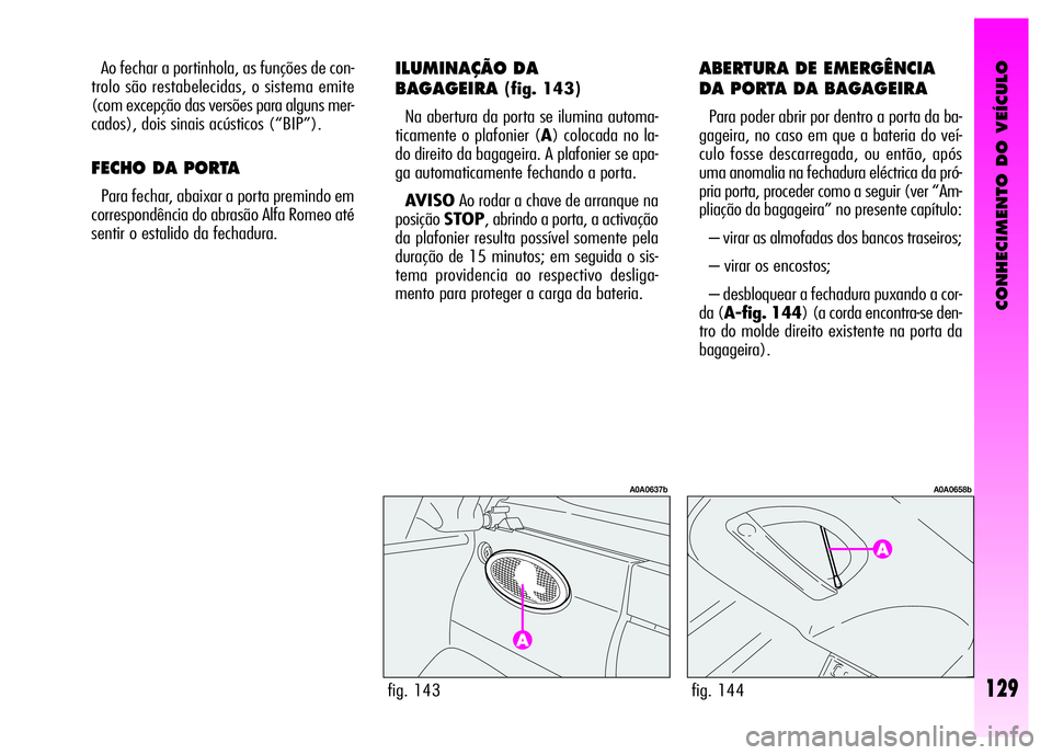 Alfa Romeo GT 2008  Manual de Uso e Manutenção (in Portuguese) CONHECIMENTO DO VEÍCULO
129fig. 143
A0A0637b
fig. 144
A0A0658b
Ao fechar a portinhola, as funções de con-
trolo são restabelecidas, o sistema emite
(com excepção das versões para alguns mer-
ca