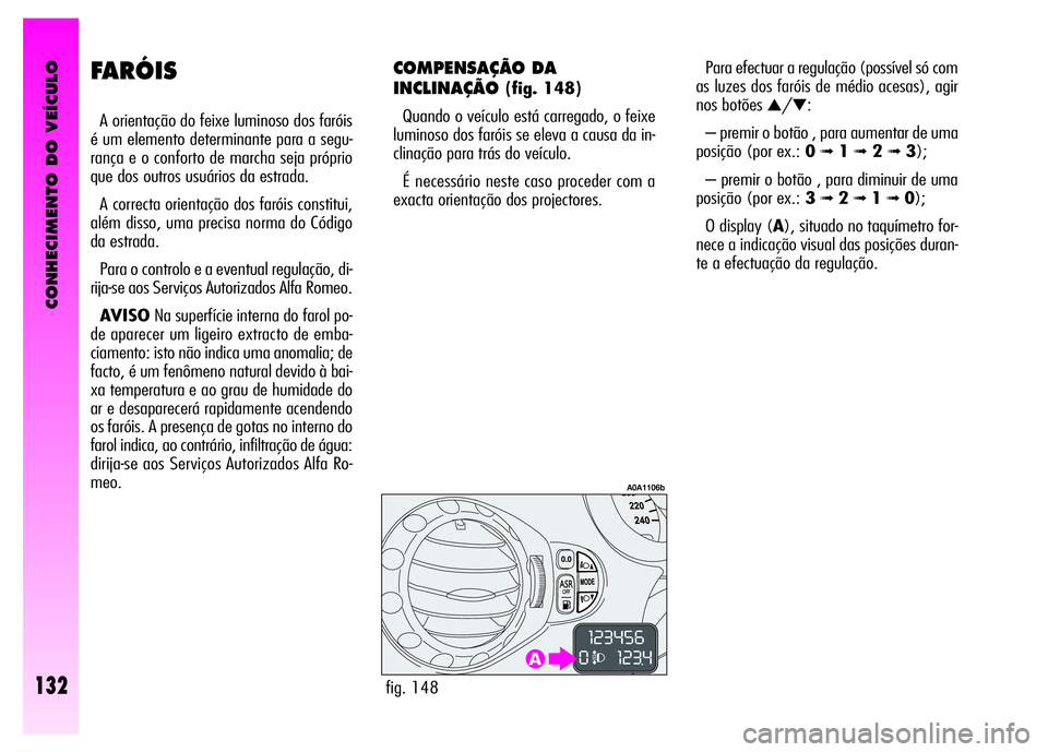 Alfa Romeo GT 2008  Manual de Uso e Manutenção (in Portuguese) CONHECIMENTO DO VEÍCULO
132
FARÓIS 
A orientação do feixe luminoso dos faróis
é um elemento determinante para a segu-
rança e o conforto de marcha seja próprio
que dos outros usuários da estr