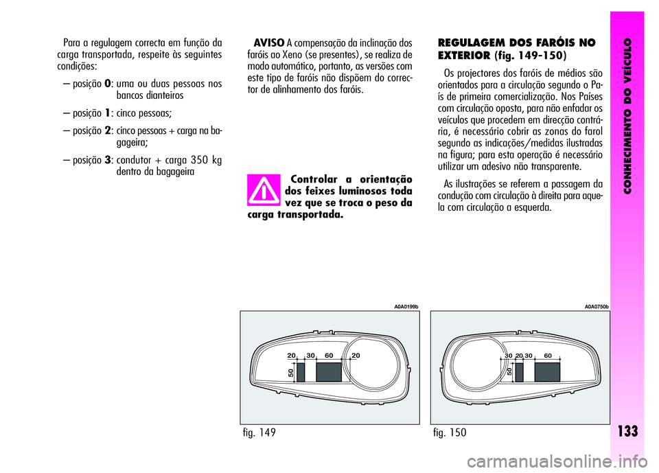 Alfa Romeo GT 2008  Manual de Uso e Manutenção (in Portuguese) CONHECIMENTO DO VEÍCULO
133
Controlar a orientação
dos feixes luminosos toda
vez que se troca o peso da
carga transportada.  Para a regulagem correcta em função da
carga transportada, respeite à
