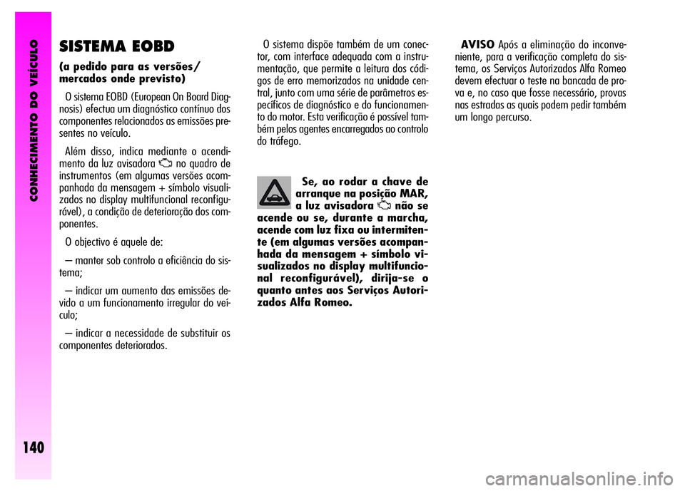 Alfa Romeo GT 2008  Manual de Uso e Manutenção (in Portuguese) CONHECIMENTO DO VEÍCULO
140
SISTEMA EOBD 
(a pedido para as versões/
mercados onde previsto) 
O sistema EOBD (European On Board Diag-
nosis) efectua um diagnóstico contínuo dos
componentes relacio