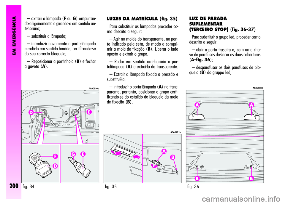 Alfa Romeo GT 2008 Manual de Uso e Manutenção (in Portuguese) EM EMERGÊNCIA
200
LUZES DA MATRÍCULA (fig. 35)
Para substituir as lâmpadas proceder co-
mo descrito a seguir:
– Agir no molde do transparente, no pon-
to indicado pela seta, de modo a compri-
mi Alfa Romeo GT 2008 Manual de Uso e Manutenção (in Portuguese) EM EMERGÊNCIA
200
LUZES DA MATRÍCULA (fig. 35)
Para substituir as lâmpadas proceder co-
mo descrito a seguir:
– Agir no molde do transparente, no pon-
to indicado pela seta, de modo a compri-
mi